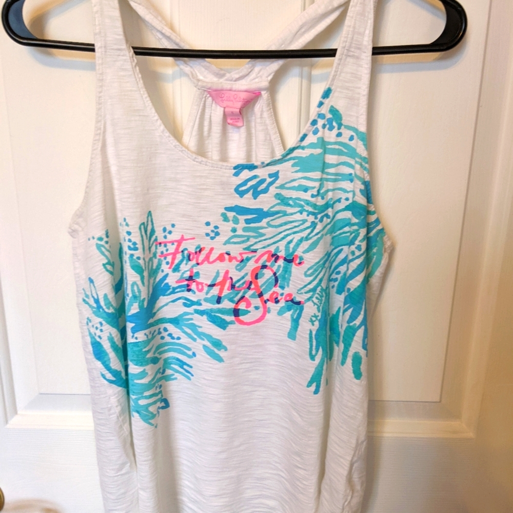 Lilly Pulitzer White Tank with Aqua Palm Print and Pink Script